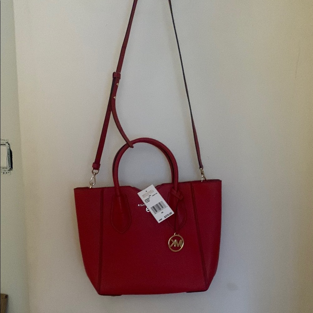 Michael Kors Red Tote with Adjustable Strap and Gold Emblem